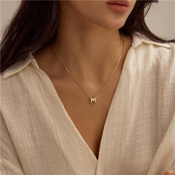 Bubble Letter M Necklaces for Women, 14K Gold Plated Letter M, Dainty Gold Trend - Picture 3 of 5